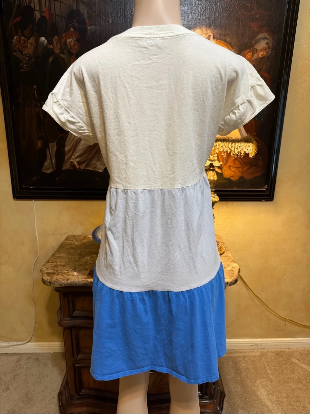 J. Crew White and Blue Colorblock Tiered Mini Dress
